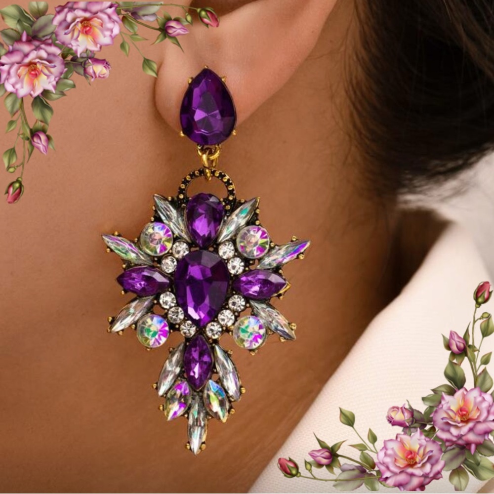 Elegant Purple and Silver‎ Statement Earrings
